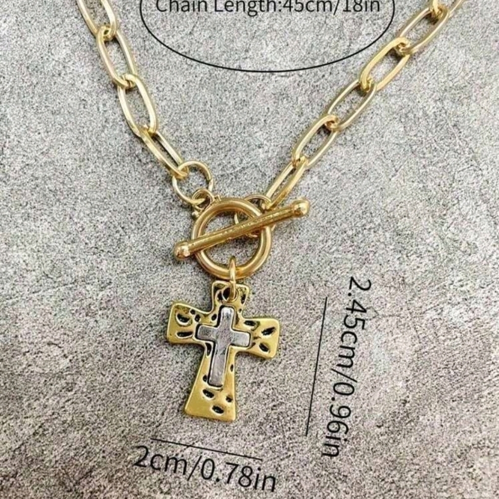Two-Tone Gold Cross Toggle Chain Necklace